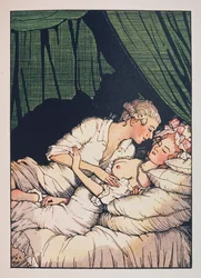Illustration zu „Das Buch der Marquise“ von Franz Blei (eine Marquise mit nackten Brüsten, die mit ihrem Liebhaber in ihrem Bett liegt)