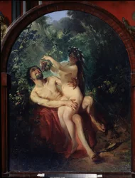 Satyr und Nymphe. Ein nacktes und betrunkenes Paar, die Nymphe auf den Knien des Satyrs, füttert ihn mit einer Weintraube, die von den sie umgebenden Reben gepflückt wurde.