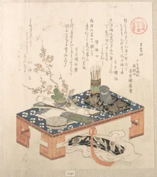 „Schreibtisch mit Schreibset und Pflaumenblüten“, aus der Serie Ise-Kalender für die Asakusa-Gruppe (Asakusa-gawa Ise goyomi) aus der Sammlung Frühlingsregen (Harusame shū), Bd. 2