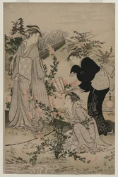 Frauen schneiden Zweige von Buschkleeblättern, Der Noji Tama Fluss in der Provinz Omi, späte 1780er Jahre