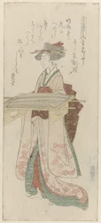 Frau hält ein Tablett mit Kleidung
Die Art, ein Über-Kimono zu präsentieren