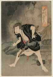 Nakamura Utaemon IV als Ono Sadakuro in Akt Fünf von Kanadehon Chushingura, Naka Theater, 1838