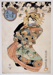 Kurtisane Hanamurasaki aus dem Tamaya Teehaus, Ca. 1830, Ukiyo-e Kunstdruck von Utagawa Kunitomi, Oban-tate-e Holzschnitt, 38,2x26,5 cm, Japanische Zivilisation