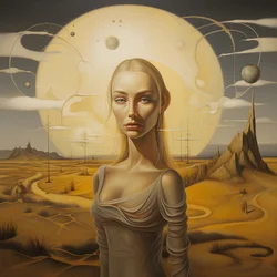 35-jährige Sami-Frau mit Mondsichel, geheimnisvolles Lächeln, Gesicht und Körper leicht abgewandt, lange blonde Haare