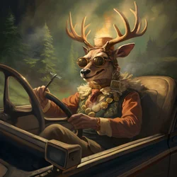 Ein Hirsch mit einer Zigarre im Mund fährt ein Cabriolet