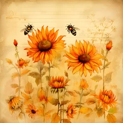 Aquarell Sonnenblumen und Bienen Silhouetten