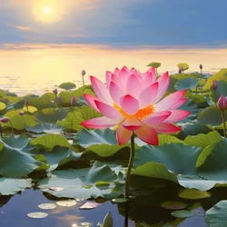 Auf der klaren Wasseroberfläche blühen große und schöne Lotusblumen, grüne Lotusblätter und Tau auf den Lotusblumen. Der Sonnenuntergang leuchtet auf der Wasseroberfläche 2