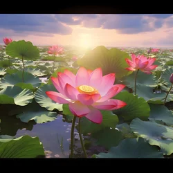 Auf der klaren Wasseroberfläche blühen große und schöne Lotusblumen, grüne Lotusblätter und Tau auf den Lotusblumen. Der Sonnenuntergang leuchtet auf der Wasseroberfläche 3