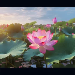 Auf der klaren Wasseroberfläche blühen große und schöne Lotusblumen, grüne Lotusblätter und Tau auf den Lotusblumen. Der Sonnenuntergang leuchtet auf der Wasseroberfläche 4