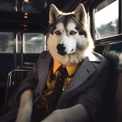 Ein Siberian Husky Hund im Anzug und mit Sonnenbrille am Busbahnhof, wie ein Gentleman