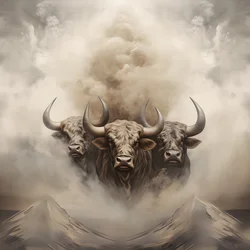 Fraktales abstraktes Leinwandbild, Beige-Weiß-Rauch-Textur. 3 schwarze Stiere, die aus dem Rauch auftauchen, mit dem Berg Ararat am Horizont. Posen erinnern an Stiere auf der Wall Street in New York.