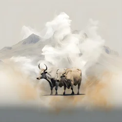 Fraktales abstraktes Leinwandbild, Beige-Weiß-Rauch-Textur. 3 schwarze Stiere, die aus dem Rauch auftauchen, mit dem Berg Ararat am Horizont. Posen erinnern an Stiere auf der Wall Street in New York.