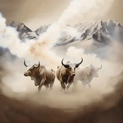 Fraktales abstraktes Leinwandbild, Beige-Weiß-Rauch-Textur. 3 schwarze Stiere, die aus dem Rauch auftauchen, mit dem Berg Ararat am Horizont. Posen erinnern an Stiere auf der Wall Street in New York.