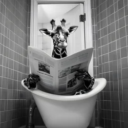 Glückliche Giraffe sitzt auf Toilette mit Zeitung 3