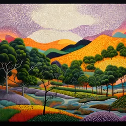 Landschaft mit Bäumen und Hügeln