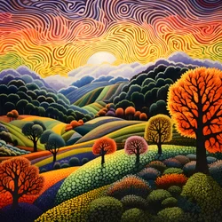 Landschaft mit Bäumen und Hügeln