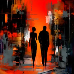 Mann in Rot, Frau in Orange und Schwarz