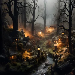 Miniatur-Tilt-Shift-Halloween-Wald mit nebligen Bäumen und einer gespenstischen Atmosphäre 2