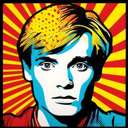Pop-Art-Porträt, Halbfigur, farbenfroh, grafisch, Morgen, im Stil von Andy Warhol, Roy Lichtenstein, Robert Rauschenberg, Jasper Johns, Keith Haring