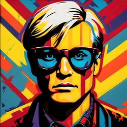Pop-Art-Porträt, Halbfigur, farbenfroh, grafisch, Morgen, im Stil von Andy Warhol, Roy Lichtenstein, Robert Rauschenberg, Jasper Johns, Keith Haring