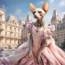 Sphynx-Katze im Ballkleid vor dem Hintergrund eines prächtigen Palastes im mittelalterlichen Stil