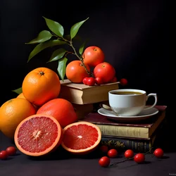 Zitrusfrüchte rotes Buch Kaffee