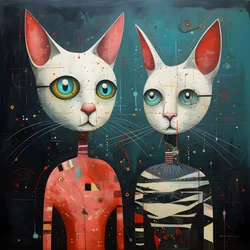 Zwei anthropomorphe Katzen, Kater und Katze, Kubrickian Synthetic