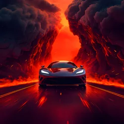 Ein Luxusauto fährt einen Weg entlang mit leuchtendem Rot im Hintergrund