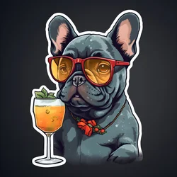 coole französische Bulldoggen, trinken einen Cocktail