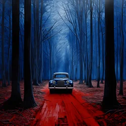 Blaues Auto in einem roten Wald