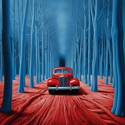 Blaues Auto in einem roten Wald