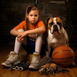 Ein 10-jähriges Mädchen sitzt wartend mit ihrem Hund am Boden und hält einen Ordner mit einem Bild