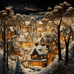 Ein Dorf bei Nacht unter verschneiten Bäumen