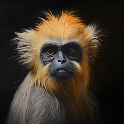Ein Gemälde des Gesichts eines Goldlangurs mit schwarzem Hintergrund 1