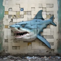 Ein blauer Haifisch mit gemaltem Gesicht auf einer alten Mauer 3