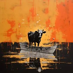 Eine Kuh in einem Boot auf einem See