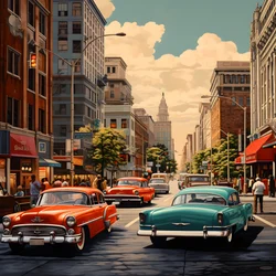 Eine Stadt in den 50er Jahren mit roten Autos