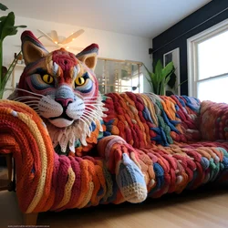 eine riesige gehäkelte Katze in einem realistischen Wohnzimmer