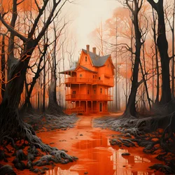 Großes rotes Haus auf blauem Grund