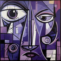 Lila und graue geometrische Malerei mit lila Auge