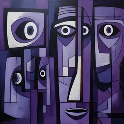 Lila und graue geometrische Malerei mit lila Auge