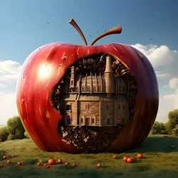Riesiger Apfel auf einem Feld mit Fenstern