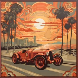 Schönes, elegantes, minimalistisches, gestepptes Meisterwerk im künstlerischen Stil von Shepard Fairey zum Gedenken an den Grand Prix von Monaco 1940, historische Rennwagen, die gegeneinander antreten 1