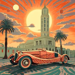 Schönes, elegantes, minimalistisches, gestepptes Meisterwerk im künstlerischen Stil von Shepard Fairey zum Gedenken an den Grand Prix von Monaco 1940, historische Rennwagen, die gegeneinander antreten 2