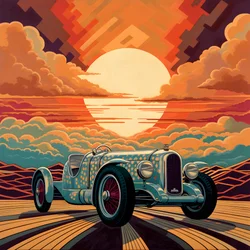 Schönes, elegantes, minimalistisches, gestepptes Meisterwerk im künstlerischen Stil von Shepard Fairey zum Gedenken an den Grand Prix von Monaco 1940, historische Rennwagen, die gegeneinander antreten 3