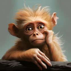 Zeichnung eines Joey-Affen mit einem Auge im Stil von emotionalen surrealen Charakterstudien, koloriert, nachdenkliche Posen, Topcor 58mm f/1.4, karikaturartige Illustrationen