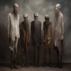 Vier nebeneinander stehende Tonfiguren von Männern 3