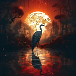 Wasser und ein großer Vogel im Abendlicht des Vollmonds