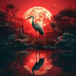 Wasser und ein großer Vogel im Abendlicht des Vollmonds