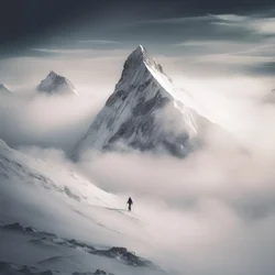 Zwei Menschen beim Skifahren über einem wolkenverhangenen Berg
